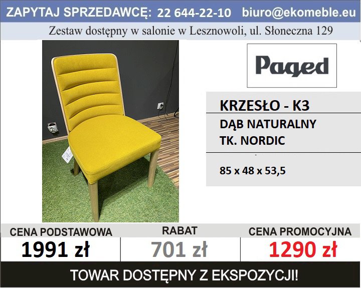 Paged - Krzesło K3, dąb nauralny, tk. nordic
