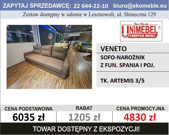 UNIMEBEL - VENETO - SOFO-NAROŻNIK ROZKŁADANY Z FUN. SPANIA I POJ. TK. ARTEMIS 3/5