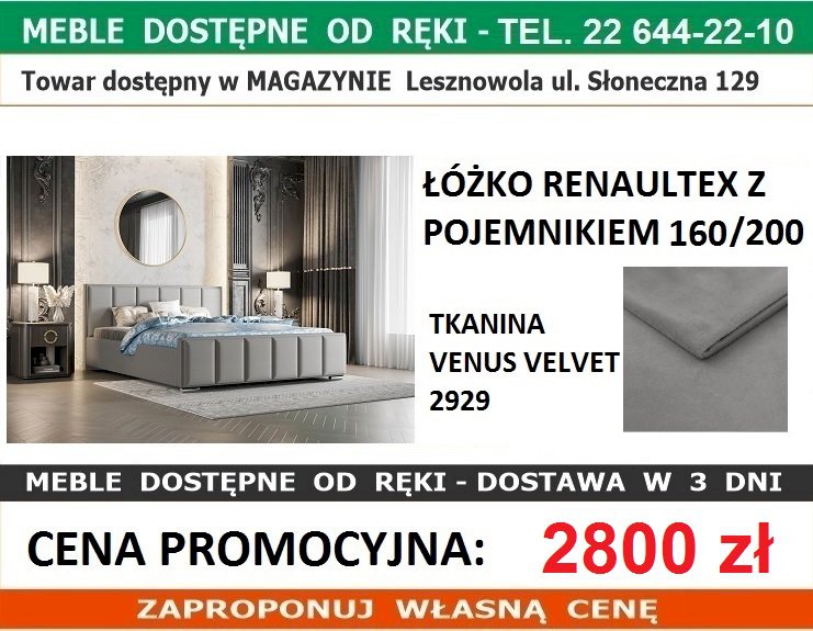 RENAULTEX ŁÓŻKO 160X200 Z POJEMNIKIEM TKANINA VENUS VELET 2929