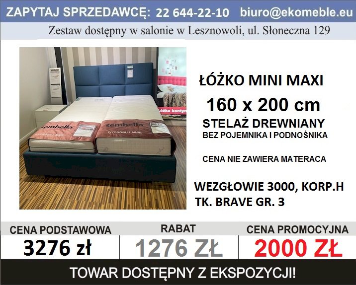 MINI MAXI, Łóżko bez poj. na pościel, pod materac 160 x 200, wezgłowie 3000, korp. H, tk. brave