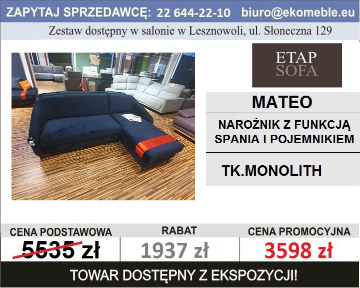 Mateo - narożnik z funkcją spania i pojemnikiem, tk. Monolith 