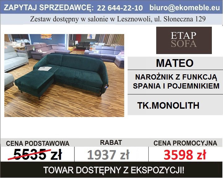 Mateo - narożnik z funkcją spania i pojemnikiem, tk. Monolith 