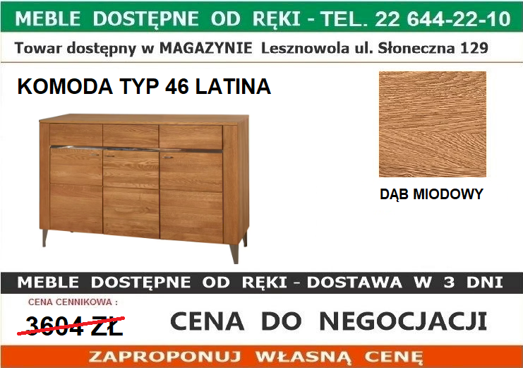 SZYNAKA LATINA 46 KOMODA 3D3S DĄB MIODOWY