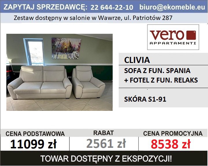 VERO - CLIVIA - SOFA Z FUN. SPANIA + FOTEL Z FUN. RELAKS SKÓRA S1-91 VERO - CLIVIA - SOFA Z FUN. SPANIA + FOTEL Z FUN. RELAKS SKÓRA S1-91